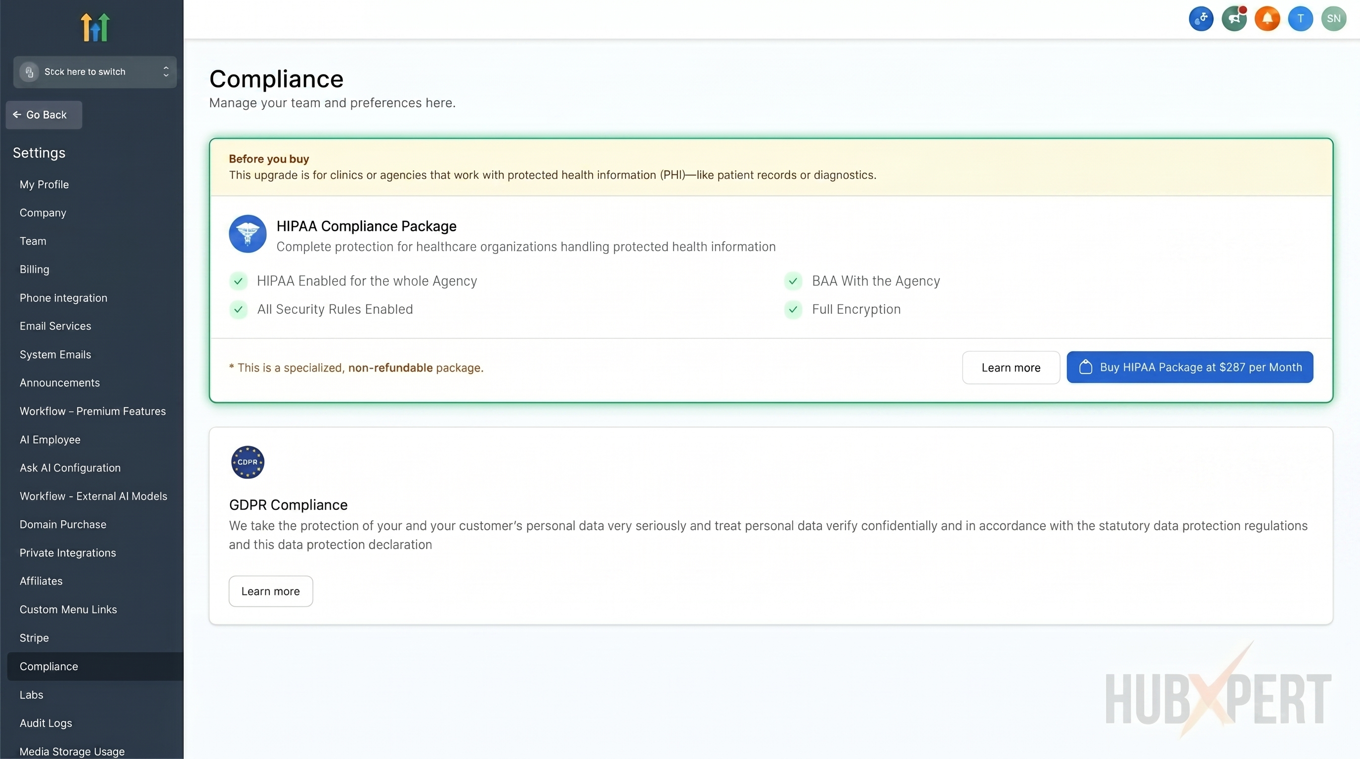 GoHighLevel sub-account advanced settings view with a highlighted horizontal toggle switch showing manual HIPAA compliance activated.