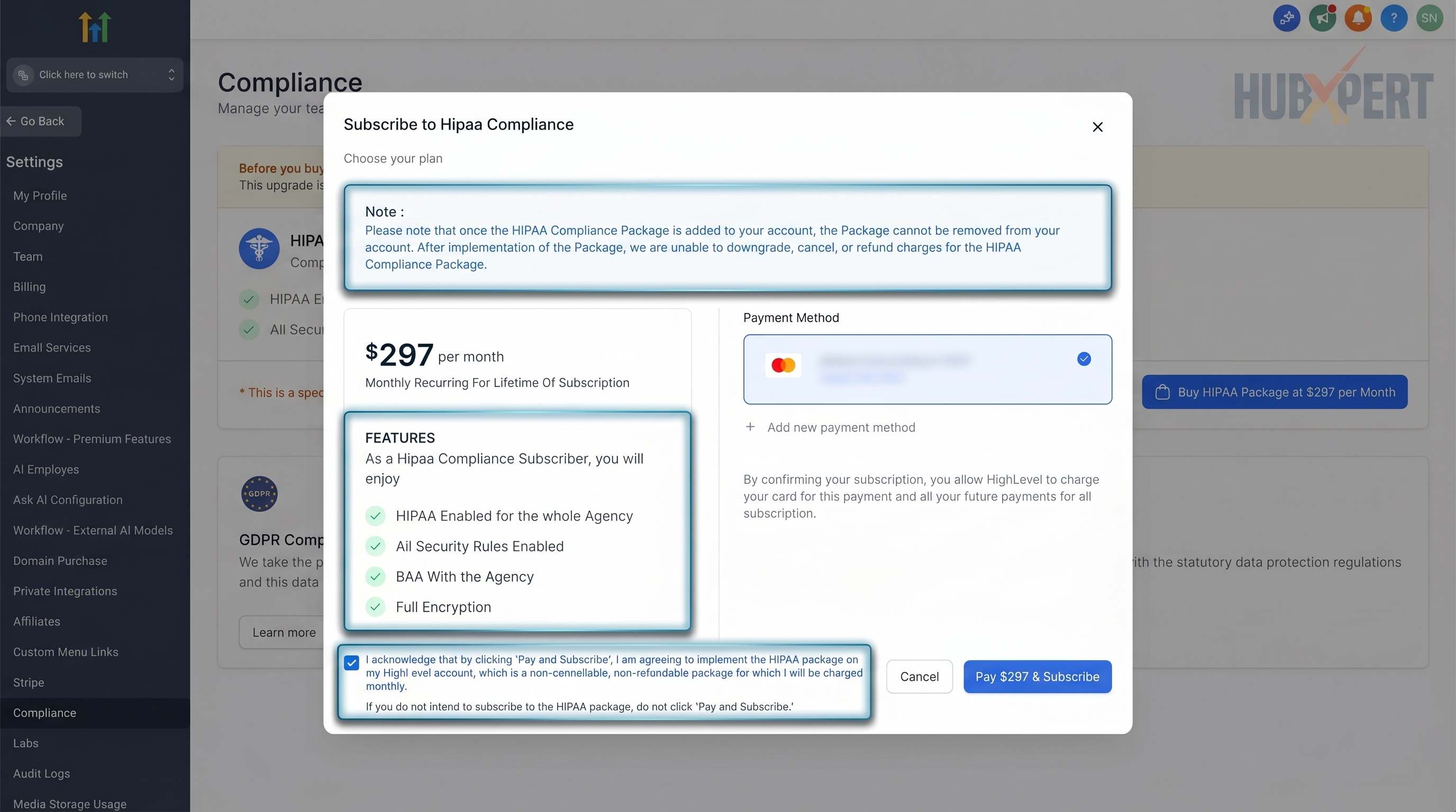 GoHighLevel compliance settings dashboard showing the official HIPAA Compliance Package subscription option with a $297 per month pricing plan button