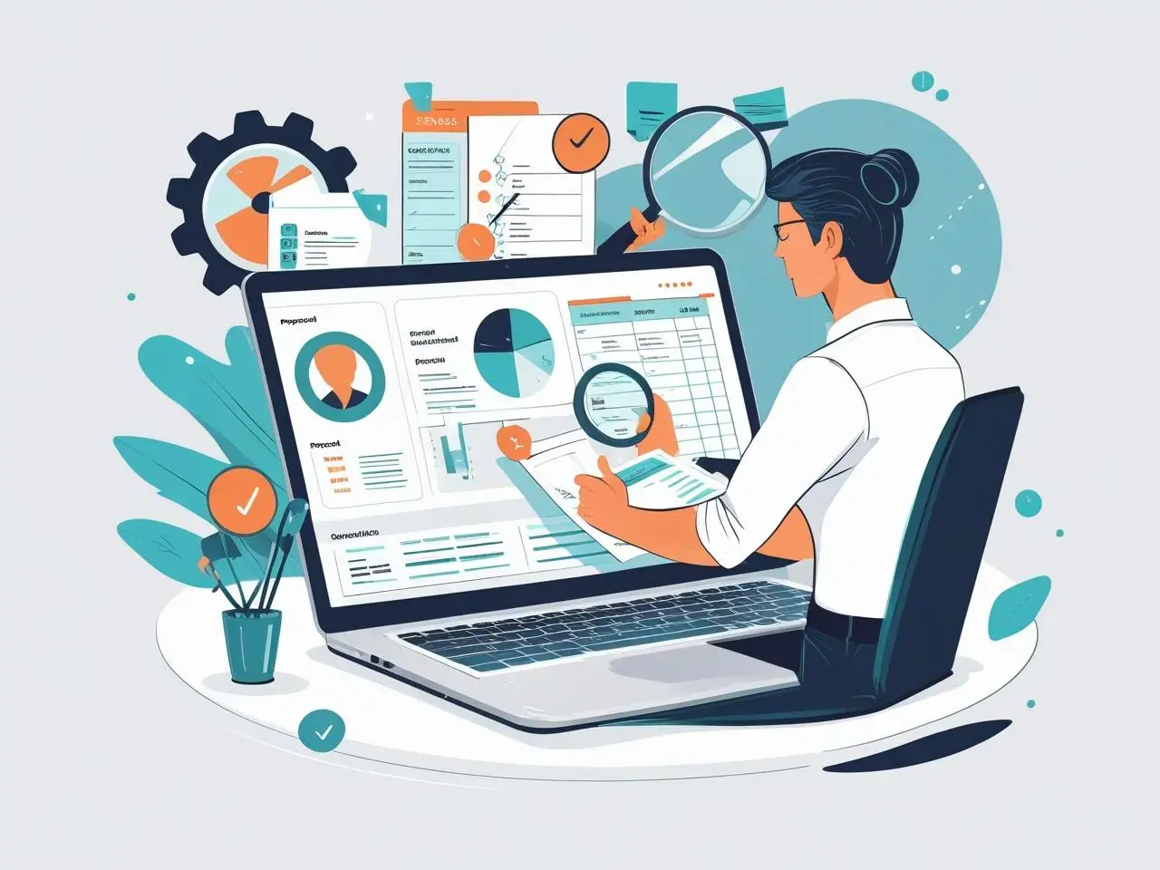 A business-focused illustration of a sales representative analyzing a client’s needs and preparing a tailored proposal. Depict a scene with charts, checklists, and client data on a laptop or tablet. Show a salespers