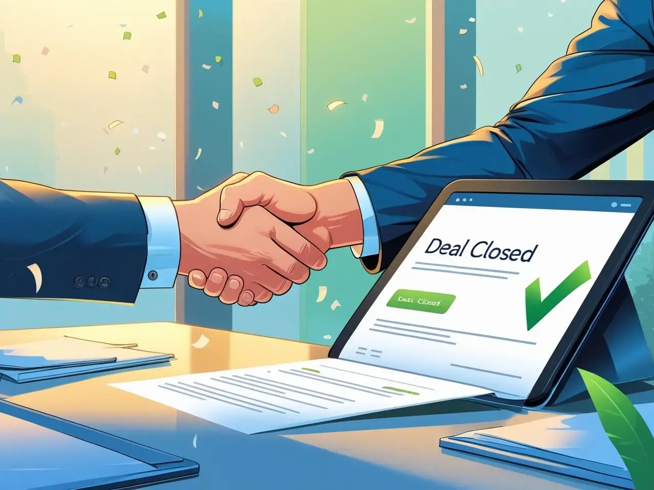 A celebratory business illustration symbolizing the closing of a sales deal. Show a successful handshake between two professionals, a signed contract on a desk, or a digital “Deal Closed” confirmation on a laptop sc