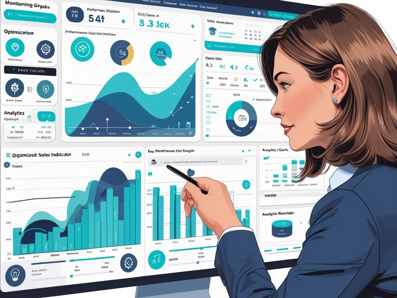 A detailed, modern illustration of a business professional or sales manager monitoring and optimizing a digital sales pipeline dashboard. Include graphs, KPIs, progress bars, and CRM tools on screen. 