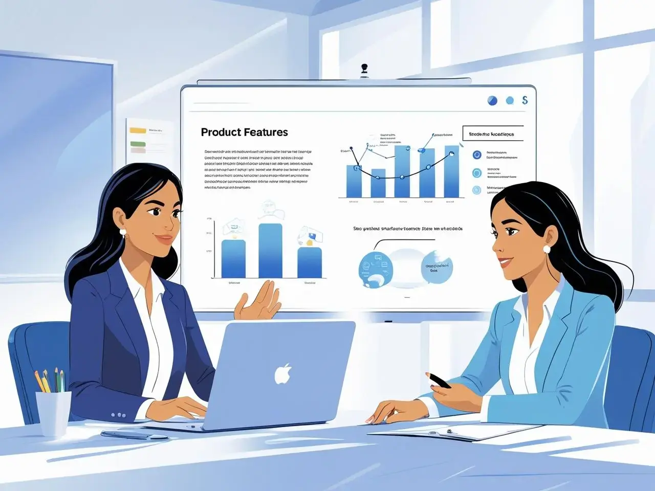 A modern illustration of a virtual or in-person business meeting or product demo. Show two or more professionals in a conference room or on a video call, with one person presenting from a laptop or projector screen.