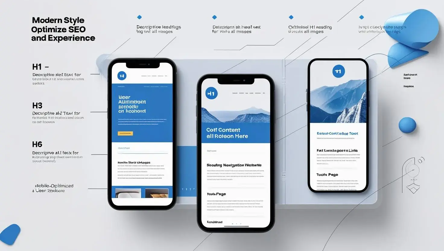 A modern, well-optimized website layout that highlights essential SEO and user experience elements. Include clear heading tags in content sections, alt text for images, and fast-loading pages. The design should also feature internal links in the navigation or footer to enhance page authority. Showcase a mobile-optimized design, demonstrating smooth user experience on smartphones. The overall aesthetic should emphasize accessibility and inclusivity, with a layout that aligns with best practices for both SEO and user engagement.