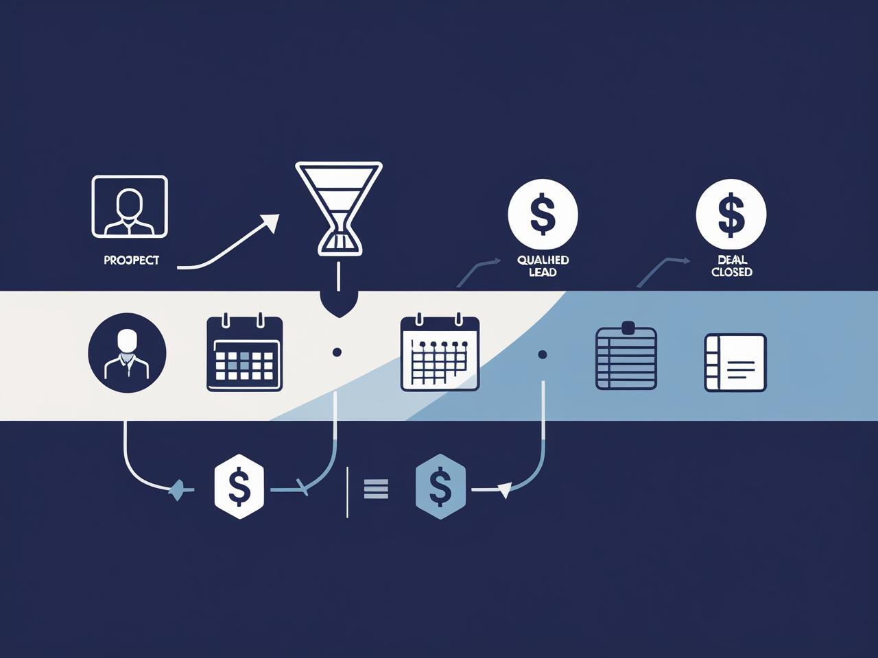 A professional and minimal illustration of a sales pipeline concept. Visualize a horizontal or vertical flow chart with stages like _Prospect,_ _Qualified Lead,_ _Meeting Scheduled,_ _Proposal Sent,_ and _Deal Closed