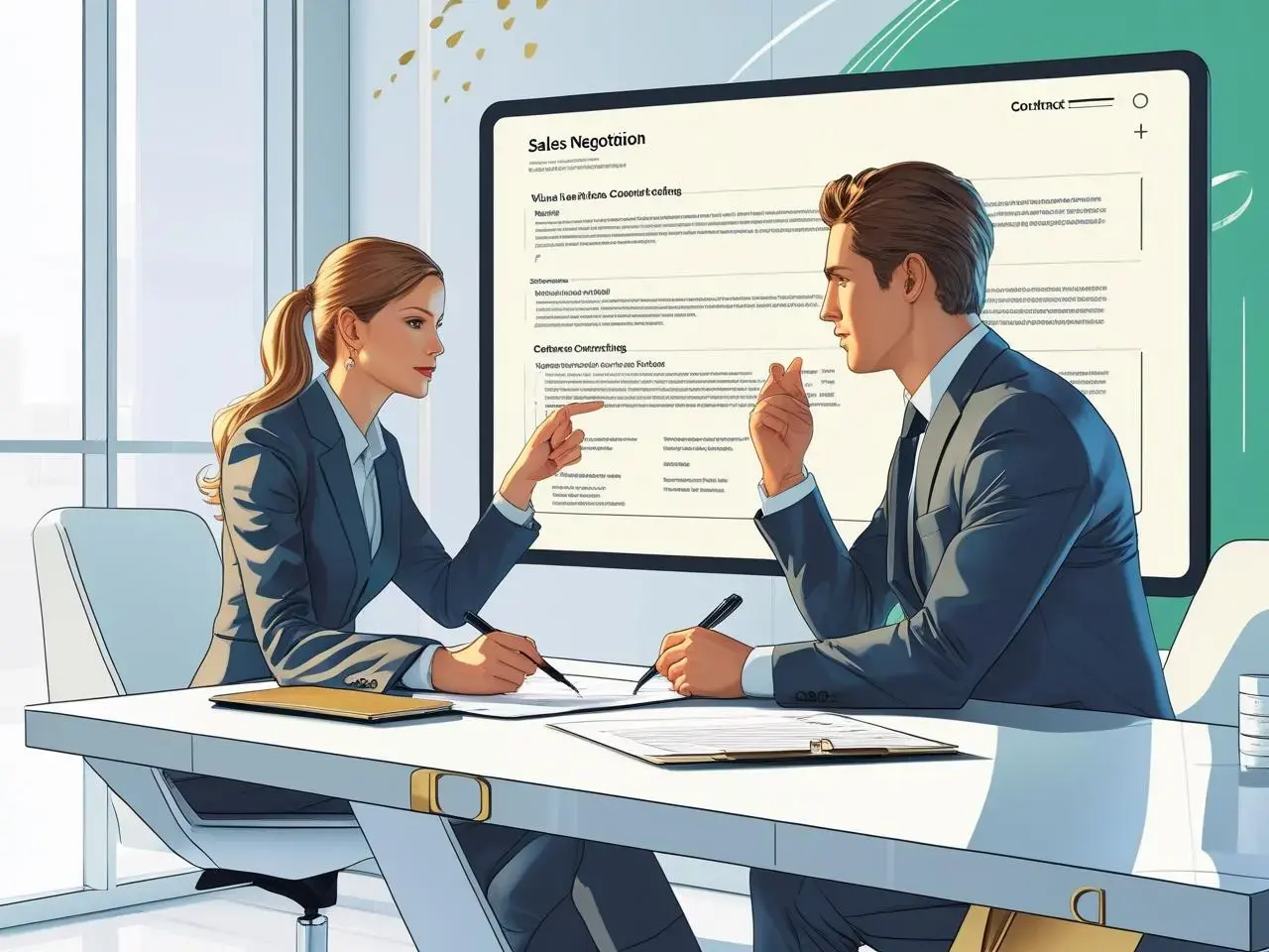A professional illustration of a sales negotiation scene. Show two business professionals seated at a table or in a virtual meeting, discussing a document or contract. One person could be pointing at contract terms 
