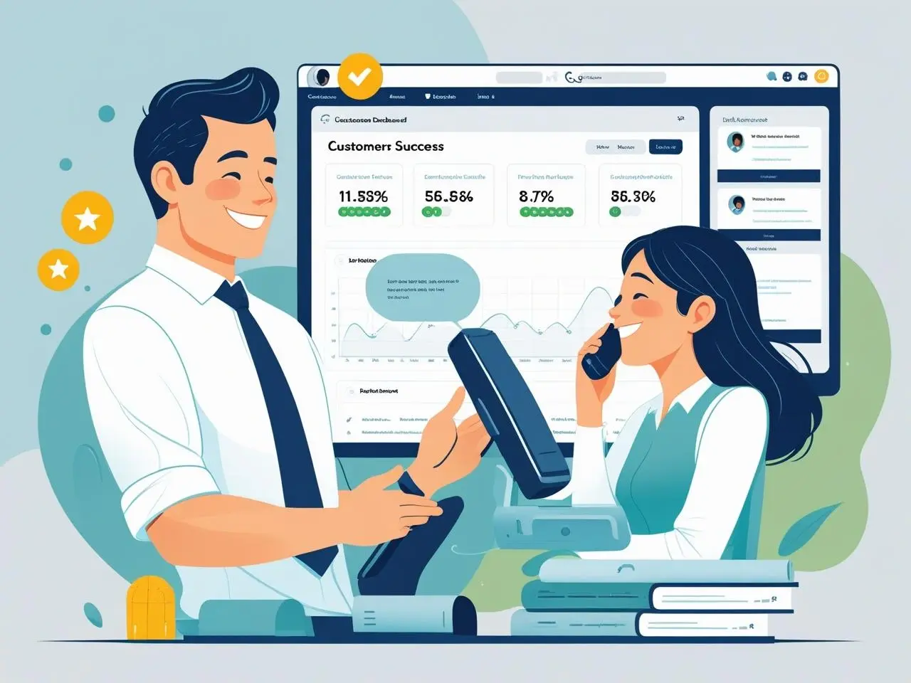 A professional illustration showing a salesperson following up with a happy client. Visualize a scene with an email being sent, a phone call taking place, or a customer success dashboard showing engag