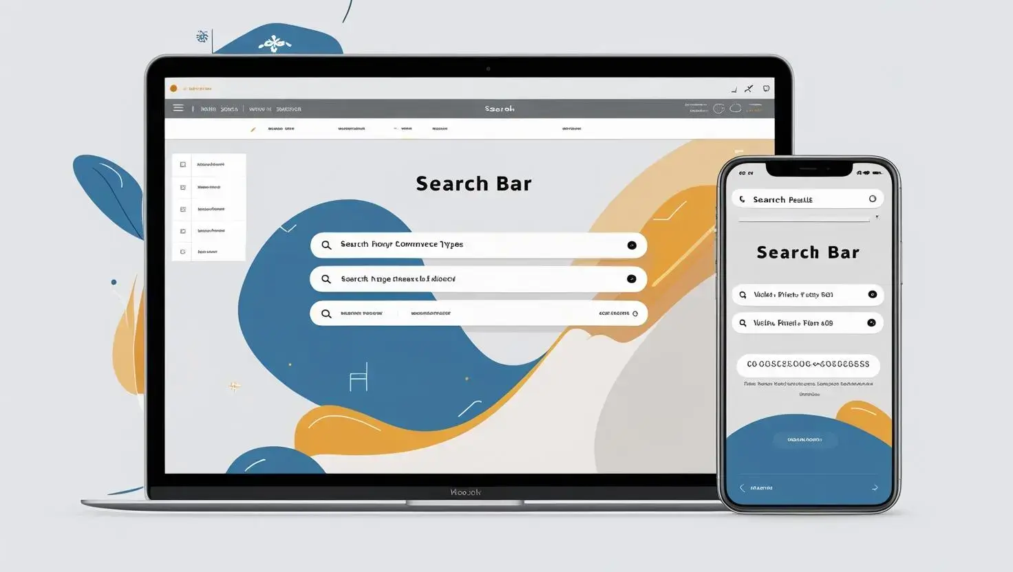 A sleek, mobile-friendly website design showcasing a prominent search bar placed in the header or navigation menu. The search bar should be functional, with visible filters for e-commerce sites, such as price and ca