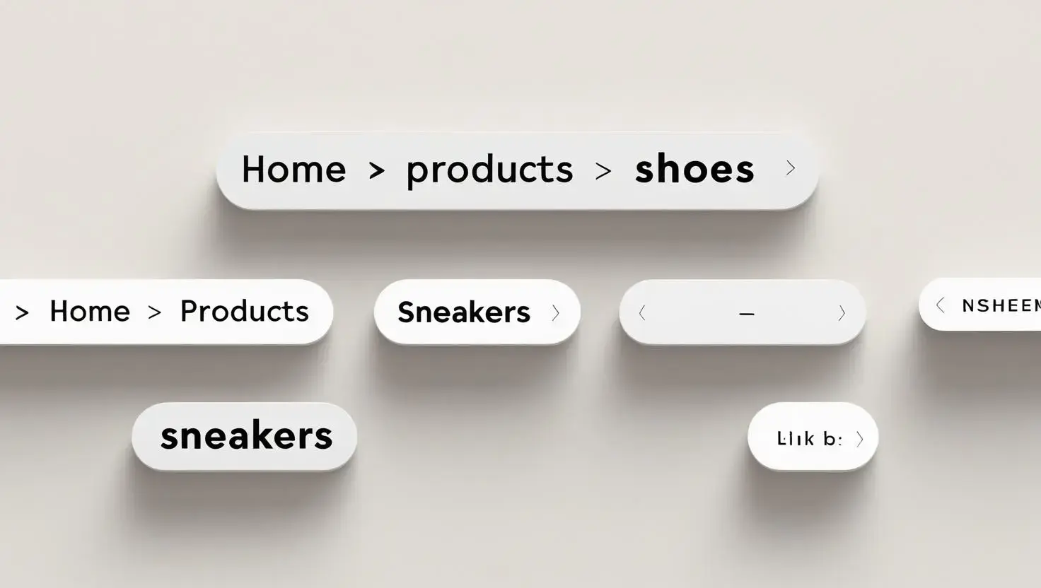 A website layout showcasing a clear, well-structured breadcrumb navigation trail, such as Home _ Products _ Shoes _ Sneakers. The breadcrumbs should be positioned near the top of the page for easy visibility, with