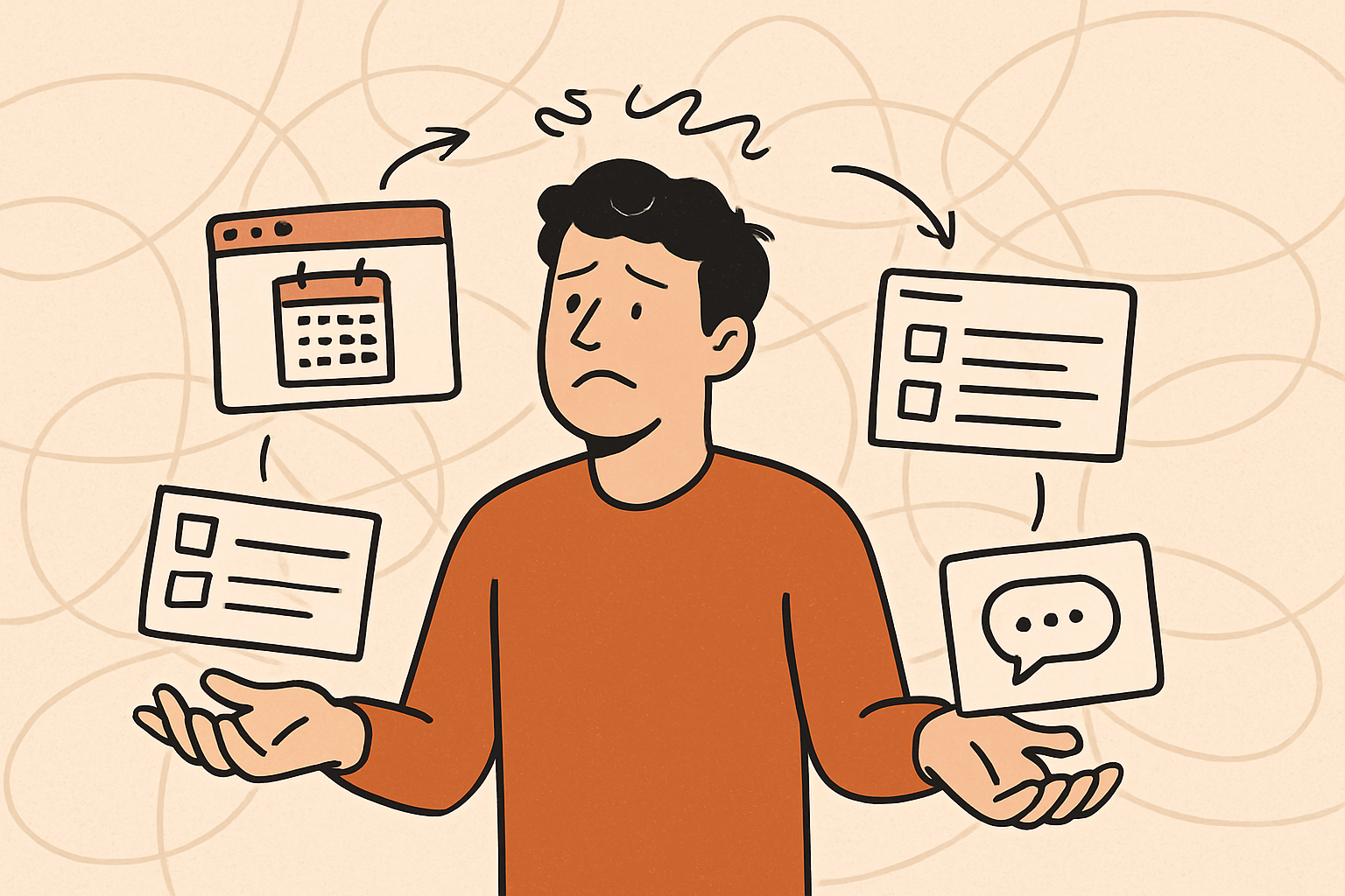 generate image for this problem statement The client was juggling multiple tools for bookings forms and communication  making operations inefficient and prone to errors dont use given text inside image-2