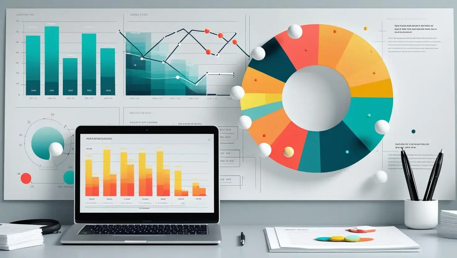 An abstract visualization of data analysis, with charts, graphs, and data points, depicting the process of interpreting data. Include elements like bar charts, pie charts, and line graphs. The background should feat