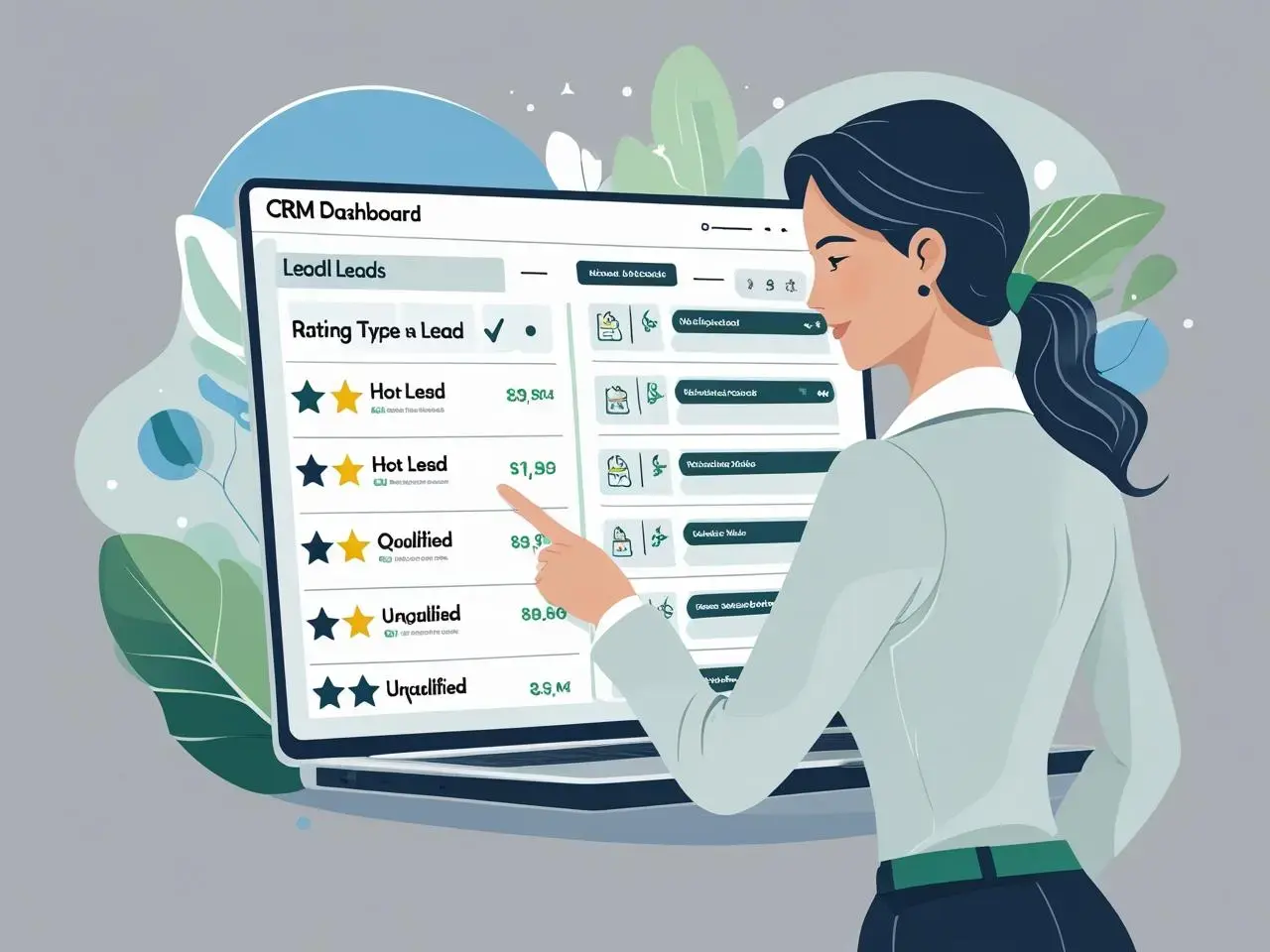An illustration representing lead qualification in a sales process. Show a business professional reviewing a list of leads or profiles on a laptop or CRM dashboard, checking checkboxes or applying filters. Include v