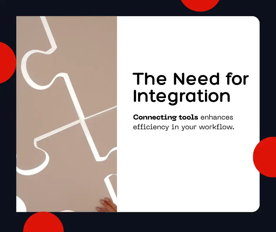 An illustration of a modern office space where various digital tools, represented by floating icons or screens, are being seamlessly connected by glowing lines, symbolizing integration. The scene features a professional sitting at a desk, looking at a screen displaying unified data from multiple systems. The title 