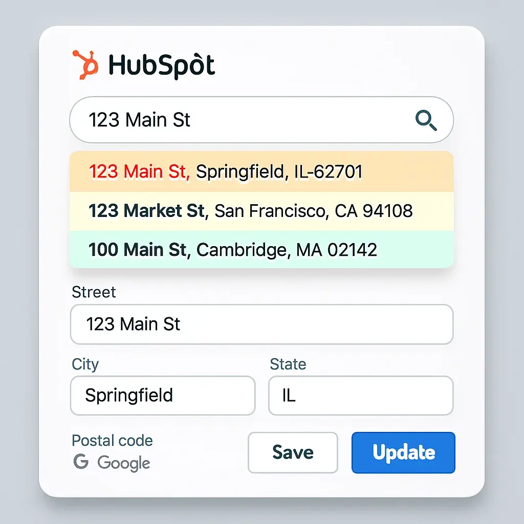 The image showcases a sleek modern interface of a custom HubSpot card prominently featuring a search bar at the top Users can enter addresses or postal codes with a dropdown menu displaying realtime suggestions below Each suggestion is hig